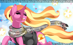 Size: 1920x1200 | Tagged: safe, artist:brainiac, imported from derpibooru, luster dawn, pony, unicorn, bottomless, chest fluff, clothes, cloud, collar, cute, day, eyebrows, eyelashes, eyes closed, female, floating heart, heart, horn, lusterbetes, mare, music notes, outdoors, partial nudity, pet play, ponytail, pregnant, scarf, singing, sky, solo