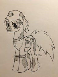 Size: 720x960 | Tagged: safe, artist:carty, imported from derpibooru, oc, oc only, oc:carty, earth pony, pony, clothes, helmet, jacket, monochrome, solo, tools, traditional art