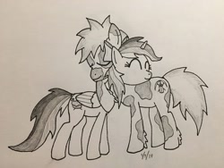 Size: 2048x1536 | Tagged: safe, artist:carty, imported from derpibooru, oc, oc only, oc:carty, oc:sunny skies, alicorn, earth pony, pony, hug, monochrome, oc x oc, shipping, traditional art