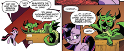 Size: 2583x1069 | Tagged: safe, artist:andypriceart, idw, imported from derpibooru, blacktip, twilight sparkle, alicorn, dragon, pony, spoiler:comic, spoiler:comic61, amused, armpits, comic, convocation of the creatures, cropped, crossed legs, displeased, duo, female, jealous, male, mare, official comic, on back, raised eyebrow, reclining, refusal, smiling, smirk, smug, smuglight sparkle, speech bubble, twilight sparkle (alicorn)