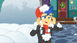 Size: 1280x720 | Tagged: safe, imported from derpibooru, screencap, flash sentry, equestria girls, equestria girls series, holidays unwrapped, spoiler:eqg series (season 2), clothes, hat, male, scarf, snow