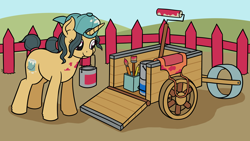 Size: 3504x1971 | Tagged: safe, artist:mkogwheel, imported from derpibooru, fresh coat, pony, unicorn, apron, backwards ballcap, baseball cap, brush, cap, cart, clothes, commission, fence, hat, missing accessory, mouth hold, packing, paint bucket, paint on fur, paintbrush, solo