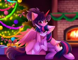 Size: 3747x2911 | Tagged: safe, artist:airiniblock, imported from derpibooru, twilight sparkle, oc, oc:princess aurora, alicorn, pony, alicorn oc, christmas, christmas tree, duo, fireplace, hearth's warming eve, holiday, horn, present, shipping, snuggling, tree, twilight sparkle (alicorn)