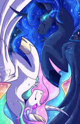 Size: 3850x5950 | Tagged: safe, artist:kittyisawolf, imported from derpibooru, princess celestia, princess luna, alicorn, pony, colored pupils, curved horn, duo, fangs, glowing eyes, horn, mirrored, royal sisters, signature, yin-yang