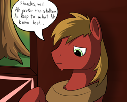 Size: 1280x1024 | Tagged: artist needed, safe, artist:sawsta, imported from derpibooru, big macintosh, earth pony, pony, sweet-apple-secrets, ask, bust, dialogue, horse collar, male, solo, speech bubble, stallion, tumblr, yoke