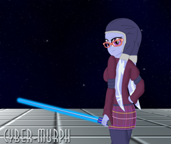 Size: 1656x1399 | Tagged: safe, artist:cyber-murph, imported from derpibooru, sugarcoat, twi'lek, equestria girls, clothes, commission, crossover, glasses, hood, lightsaber, pigtails, signature, space, species swap, star wars, twintails, weapon