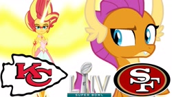 Size: 2289x1288 | Tagged: safe, deleted from derpibooru, imported from derpibooru, smolder, sunset shimmer, dragon, equestria girls, american football, daydream shimmer, kansas city chiefs, looking back, nfl, obligatory pony, san francisco 49ers, super bowl, super bowl liv