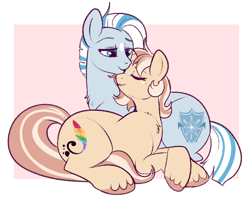 Size: 868x696 | Tagged: safe, artist:lulubell, imported from derpibooru, oc, oc only, oc:frost, oc:lulubell, earth pony, pony, eyes closed, female, frostbell, male, mare, nuzzling, oc x oc, prone, shipping, stallion, straight, unshorn fetlocks