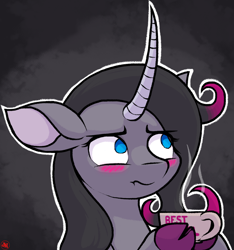 Size: 2316x2476 | Tagged: safe, artist:ljdamz1119, imported from derpibooru, oleander, classical unicorn, unicorn, them's fightin' herds, awwleander, blushing, cloven hooves, coffee, cup, curved horn, cute, digital art, female, horn, leonine tail, looking up, mare, oleander (tfh), reaction image, solo, unshorn fetlocks