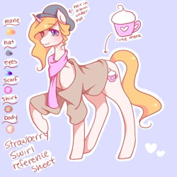 Size: 600x600 | Tagged: safe, artist:missmaeko, imported from derpibooru, oc, oc only, oc:strawberry swirl, pony, unicorn, beret, clothes, female, hat, mare, reference sheet, solo, swirlycafe