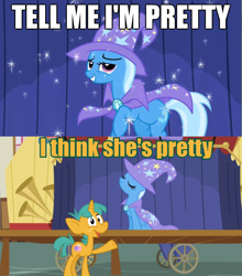 Size: 626x712 | Tagged: safe, edit, edited screencap, imported from derpibooru, screencap, snails, trixie, boast busters, caption, comic, image macro, meme, screencap comic, tell me i'm pretty, text, the fairly oddparents, trixie tang, trixie yells at everything