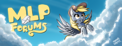 Size: 2048x768 | Tagged: safe, artist:the-barinade, artist:thomas horak, imported from derpibooru, derpy hooves, ditzy doo, pegasus, pony, banner, cloud, cloudy, female, forum banner, grin, hat, letter, mail, mailmare, mailmare hat, mailmare uniform, mailpony, mailpony uniform, mlpforums, sky, smiling, solo