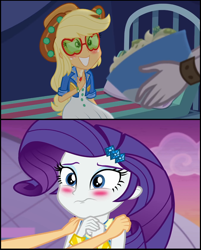 Size: 1292x1604 | Tagged: safe, artist:ktd1993, edit, edited screencap, imported from derpibooru, screencap, applejack, dirk thistleweed, rarity, accountibilibuddies, equestria girls, equestria girls series, rollercoaster of friendship, spoiler:choose your own ending (season 2), spoiler:eqg series (season 2), accountibilibuddies: rainbow dash, blushing, female, lesbian, meme, rarijack, shipping