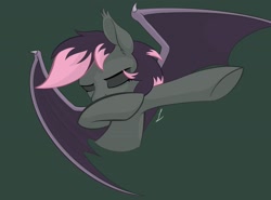 Size: 2810x2082 | Tagged: safe, artist:acesential, color edit, deleted from derpibooru, edit, imported from derpibooru, oc, oc:quill, bat pony, pony, bat pony oc, bat wings, colored, dab, eyes closed, female, green background, mare, simple background, solo, wings