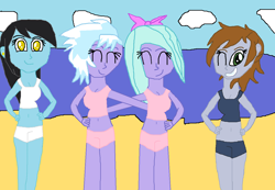 Size: 1327x916 | Tagged: safe, artist:kollinice98, imported from derpibooru, cloudchaser, flitter, oc, oc:bluesheer, oc:littlepip, fallout equestria, equestria girls, beach, clothes, ear piercing, earring, equestria girls-ified, jewelry, looking at you, piercing, swimsuit