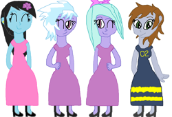 Size: 1347x917 | Tagged: safe, artist:kollinice98, imported from derpibooru, cloudchaser, flitter, oc, oc:bluesheer, oc:littlepip, fallout equestria, equestria girls, bow, clothes, dress, ear piercing, earring, equestria girls-ified, flower, flower in hair, hair bow, jewelry, piercing, simple background, tomboy taming, white background