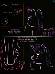 Size: 676x900 | Tagged: safe, artist:quint-t-w, imported from derpibooru, pinkie pie, twilight sparkle, earth pony, pony, unicorn, back of head, chalk, chalkboard, comic, dark background, dialogue, female, in which pinkie pie forgets how to gravity, magic, mare, old art, pinkie being pinkie, pinkie physics, pun, startled, telekinesis, unicorn twilight, writing