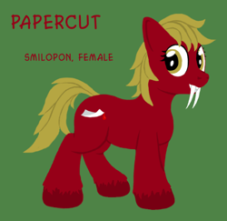 Size: 450x437 | Tagged: safe, artist:quint-t-w, imported from derpibooru, oc, oc only, oc:papercut, original species, pony, sabertooth pony, fangs, female, green background, looking at you, old art, sharp teeth, simple background, solo, teeth, text, unshorn fetlocks