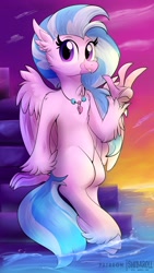 Size: 2160x3840 | Tagged: safe, artist:shibaroll, imported from derpibooru, silverstream, classical hippogriff, hippogriff, cute, diastreamies, jewelry, looking at you, necklace, peace sign, sitting, smiling, solo, water