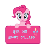 Size: 150x147 | Tagged: safe, artist:majkashinoda626, imported from derpibooru, pinkie pie, pony, ask me about collabs, collab info, female, sign, solo