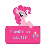 Size: 150x147 | Tagged: safe, artist:majkashinoda626, imported from derpibooru, pinkie pie, pony, angry, collab info, female, i don't do collabs, sign, solo