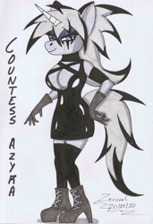 Size: 2262x3300 | Tagged: safe, artist:zeruvel, imported from derpibooru, oc, oc only, anthro, unicorn, boots, breasts, cleavage, clothes, collar, eyeliner, eyeshadow, female, gloves, goth, hand drawing, looking at you, makeup, marker drawing, minidress, monochrome, scan, shoes, short dress, solo, stockings, thigh highs, traditional art