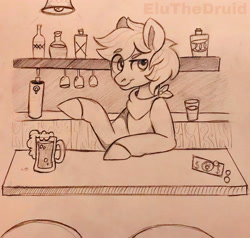 Size: 2699x2573 | Tagged: safe, artist:eludraws, imported from derpibooru, oc, oc:brewer, oc:noble brew, pony, alcohol, bar, clothes, money, monochrome, scarf, stool, traditional art