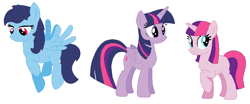 Size: 2000x833 | Tagged: safe, artist:janethepegasus, imported from derpibooru, twilight sparkle, oc, oc:cobalt strike, oc:star twinkle, alicorn, pegasus, pony, unicorn, fusion, reverse fusion, twilight sparkle (alicorn)