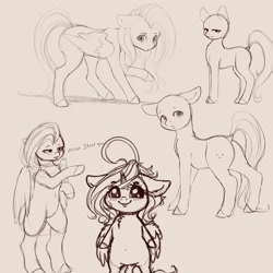 Size: 4000x4000 | Tagged: safe, artist:miokomata, imported from derpibooru, fluttershy, oc, oc:dazzling talents, alicorn, pegasus, pony, semi-anthro, ahoge, alicorn oc, bald, blushing, butt, chest fluff, dialogue, dock, female, floppy ears, freckles, freckleshy, horn, looking at you, looking back, looking back at you, mare, pink background, plot, simple background