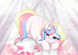 Size: 3465x2454 | Tagged: safe, alternate version, artist:kim0508, artist:sparkling_light, imported from derpibooru, oc, oc only, oc:cherry heartstealer, pony, unicorn, alternate character, blushing, curtain, curtains, cute, female, laying on bed, laying on stomach, looking at you, lying on bed, mare, prone, smiling, smiling at you, solo, ych result