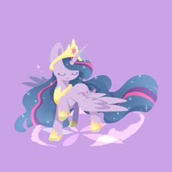 Size: 768x768 | Tagged: safe, artist:jisuppe, imported from derpibooru, twilight sparkle, alicorn, pony, the last problem, crown, cute, ethereal mane, eyes closed, female, hoof shoes, jewelry, mare, older, older twilight, peytral, princess twilight 2.0, purple background, regalia, simple background, solo, twiabetes, twilight sparkle (alicorn)