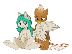 Size: 1298x977 | Tagged: safe, artist:wbp, derpibooru exclusive, imported from derpibooru, oc, griffon, pegasus, grooming, preening, simple background, sticker, transparent background