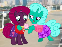 Size: 1440x1080 | Tagged: safe, artist:徐詩珮, imported from derpibooru, fizzlepop berrytwist, glitter drops, tempest shadow, unicorn, series:sprglitemplight diary, series:sprglitemplight life jacket days, series:springshadowdrops diary, series:springshadowdrops life jacket days, alternate universe, base used, broken horn, candy, clothes, cute, female, food, glitterbetes, glittershadow, horn, lesbian, paw patrol, shipping, swimsuit, tempestbetes