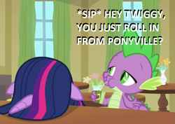 Size: 1013x719 | Tagged: safe, edit, edited screencap, imported from derpibooru, screencap, spike, twilight sparkle, alicorn, dragon, pony, the point of no return, big pink loser, cropped, dexterous hooves, dialogue, duo, facedesk, juice, juice box, musical instrument, parody, spongebob squarepants, trumpet, twilight sparkle (alicorn), winged spike, wings