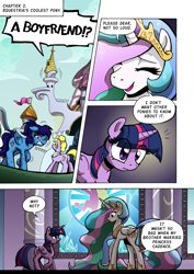 Size: 1204x1700 | Tagged: safe, artist:tarkron, imported from derpibooru, princess celestia, twilight sparkle, alicorn, earth pony, pegasus, pony, comic:the royal sandal, canterlot castle, comic, cringing, female, mare, oc cameo, traditional royal canterlot voice, twilight sparkle (alicorn)