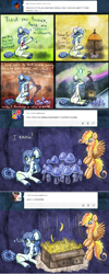 Size: 800x2006 | Tagged: safe, artist:azimooth, imported from derpibooru, oc, oc:firefly, oc:thauma disk, pegasus, pony, ask thaumaturge pony, banana, box, eye twitch, female, food, harp, mare, mushroom, musical instrument, umbrella