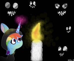 Size: 1011x828 | Tagged: safe, artist:kittycatrittycat, imported from derpibooru, rainbow dash, alicorn, pony, alicornified, candle, clothes, dark scenery, faces of evil, female, hoodie, magic, race swap, rainbowcorn, shading practice, solo, telekinesis