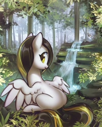 Size: 1598x1992 | Tagged: safe, artist:mirroredsea, imported from derpibooru, oc, oc only, oc:tulpa twilight, unnamed oc, pegasus, pony, blank flank, commission, female, forest, looking at you, looking back, looking back at you, mare, scenery, sitting, smiling, solo, spread wings, water, waterfall, white coat, wings