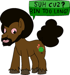 Size: 626x667 | Tagged: safe, artist:anonymous, imported from derpibooru, oc, oc only, oc:ponigg, bird, chicken, earth pony, pony, /mlp/, 4chan, afro, colored hooves, drawthread, food, male, racism, simple background, solo, speech, stallion, text, transparent background, unshorn fetlocks, watermelon