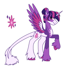 Size: 1568x1471 | Tagged: safe, artist:koloredkat, imported from derpibooru, twilight sparkle, alicorn, pony, cutie mark, female, leonine tail, mare, raised hoof, redesign, simple background, solo, transparent background, twilight sparkle (alicorn), unshorn fetlocks