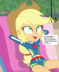 Size: 499x613 | Tagged: safe, edit, edited screencap, editor:thomasfan45, imported from derpibooru, screencap, applejack, human, equestria girls, equestria girls series, lost and found, 1000 hours in ms paint, applejack's hat, beach, beach chair, bikini, clothes, cowboy hat, cropped, cute, description is relevant, female, geode of super strength, hat, hypnosis, hypnotized, implied apple bloom, legs, lounging, magical geodes, midriff, offscreen character, pocket watch, ponytail, relaxing, smiling, solo, speech bubble, story included, swimsuit