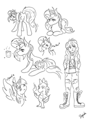 Size: 3508x4961 | Tagged: safe, artist:shyinka, imported from derpibooru, spike, sunset shimmer, twilight sparkle, alicorn, dragon, human, pony, unicorn, boots, boss ass bitch, bunset shimmer, butt, butt shake, clothes, combat boots, compilation, doodle, fire, geode of empathy, jacket, jeans, leather jacket, leo, lineart, looking back, magical geodes, monochrome, multeity, pants, plot, pomf, pose, random, ripped jeans, shimmerstorm, shoes, sitting, sketch, spread wings, standing, sunlight, wiggle, wingboner, wings, zodiac, zodiac sign