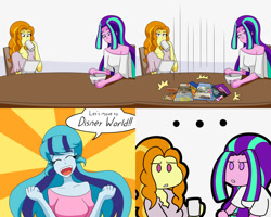 Size: 2000x1600 | Tagged: safe, artist:jake heritagu, imported from derpibooru, adagio dazzle, aria blaze, sonata dusk, comic:aria's archives, equestria girls, bowl, chair, clothes, comic, dialogue, didney worl, female, mug, speech bubble, spoon, table, wat