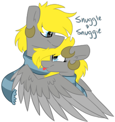 Size: 282x300 | Tagged: safe, artist:crazysketch101, imported from derpibooru, oc, oc only, oc:snuggie, oc:snuggle, pegasus, pony, clothes, duo, scarf, simple background, tongue out, transparent background, twins