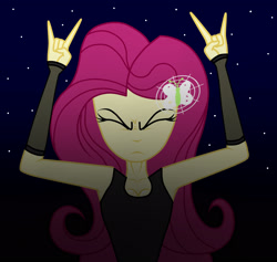 Size: 1900x1800 | Tagged: safe, artist:mashoart, imported from derpibooru, fluttershy, equestria girls, breasts, cleavage, devil horn (gesture), eyes closed, headbang, heavy metal, metal, metalshy, night, rock (music), rocker, rockershy