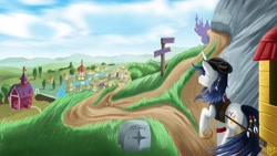 Size: 1600x900 | Tagged: safe, artist:jphyperx, imported from derpibooru, oc, oc only, oc:dawn slasher, pony, unicorn, fanfic:13fates, canterlot, male, ponyville, road sign, scenery, sky, stallion, sweet apple acres, travelling, village, wagon