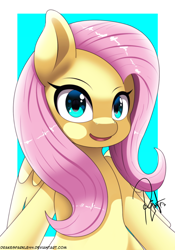 Size: 1118x1596 | Tagged: safe, artist:drakesparkle44, imported from derpibooru, fluttershy, pegasus, pony, abstract background, bust, cute, female, looking at you, mare, open mouth, shyabetes, solo