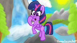 Size: 3840x2160 | Tagged: safe, artist:llamalauncher, imported from derpibooru, twilight sparkle, alicorn, pony, female, rock, solo, starry eyes, sun, tongue out, tree, twilight sparkle (alicorn), waterfall, wingding eyes