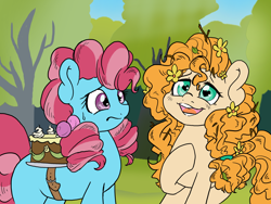 Size: 2828x2121 | Tagged: safe, artist:therealakineko, imported from derpibooru, cup cake, pear butter, earth pony, pony, the perfect pear, belt, cake, chiffon swirl, duo, female, flower, flower in hair, food, heart eyes, hoof on chest, hooves to the chest, mare, messy mane, open mouth, scene interpretation, sweat, sweatdrop, wingding eyes, younger