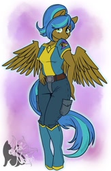 Size: 1024x1569 | Tagged: safe, artist:therealakineko, imported from derpibooru, oc, oc only, anthro, pegasus, unguligrade anthro, abstract background, belt, boots, clothes, commission, cutie mark clothes, cutie mark on clothes, female, jewelry, necklace, pouch, shoes, shy, solo, spread wings, uniform, wings